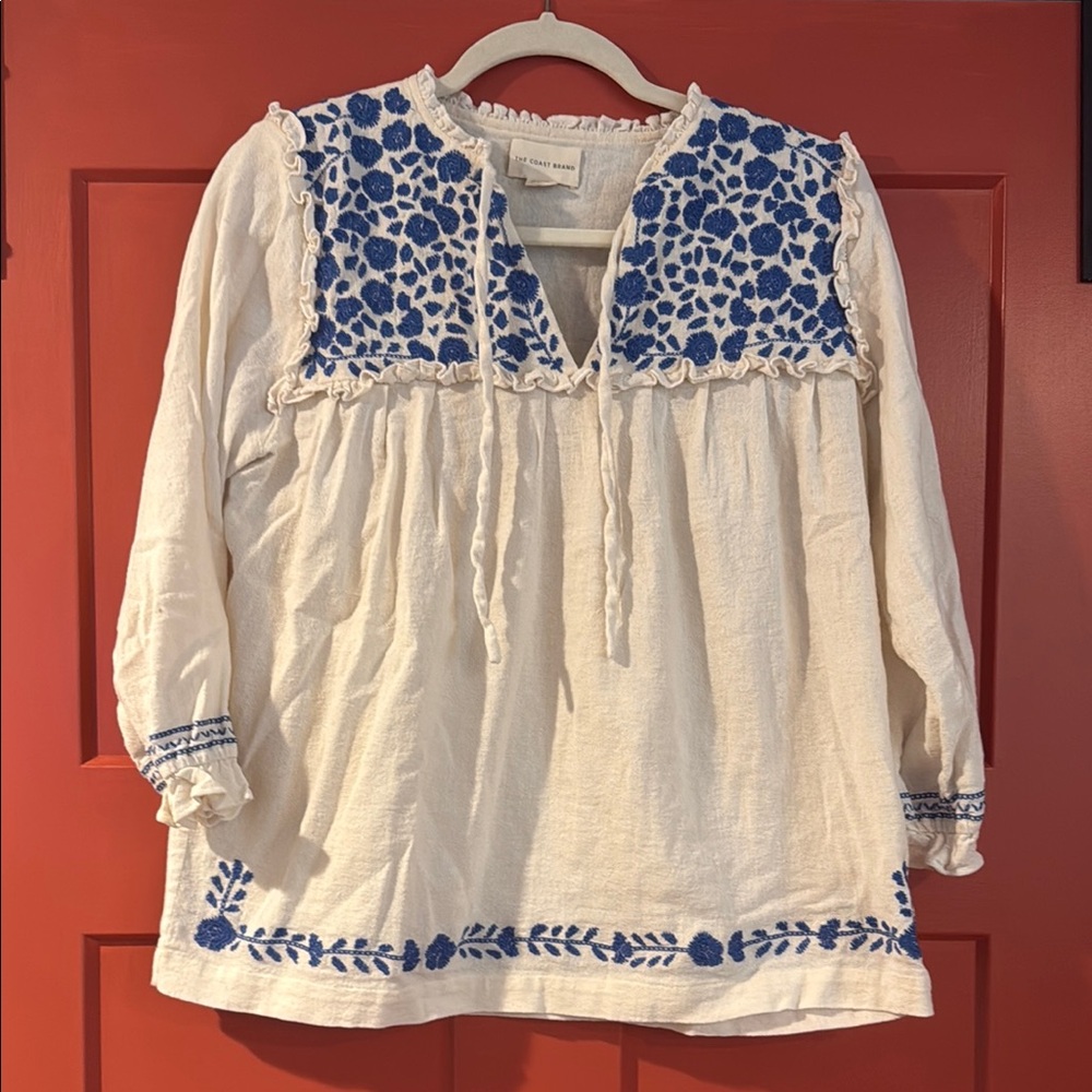 White and Blue Embellished 3/4 Sleeve Blouse